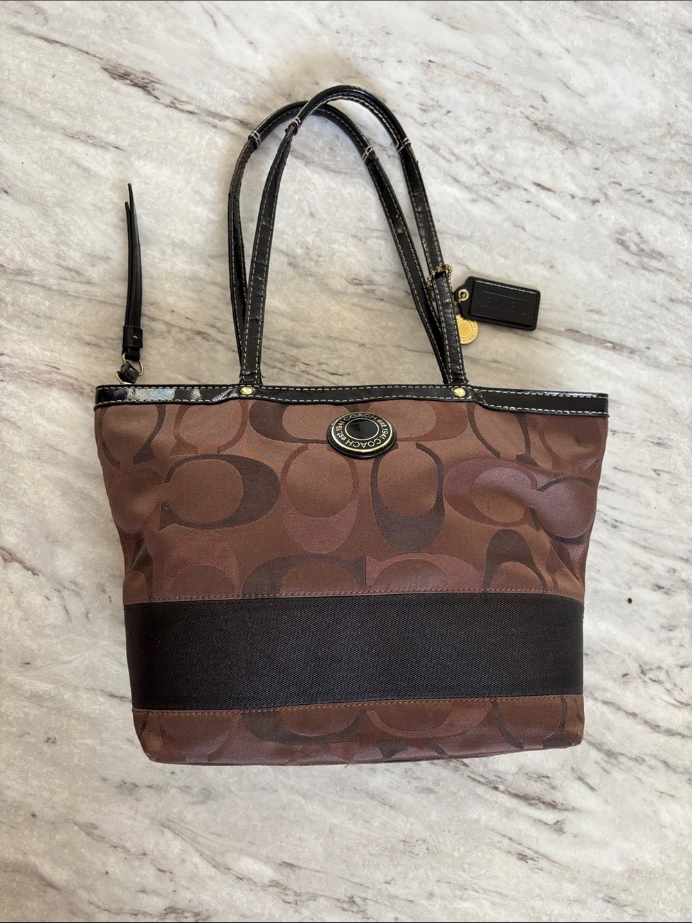 FINAL! Coach Brown Signature Stripe Tote with Black Trim